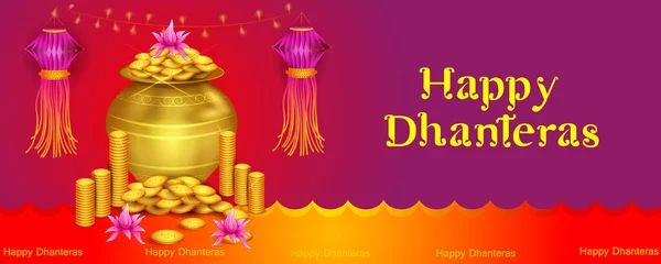 Mutlu Dhanteras Diwali Bayramı Kutlamaları Için Madalyalı Altın Kalash Vektör Vektör Grafikler