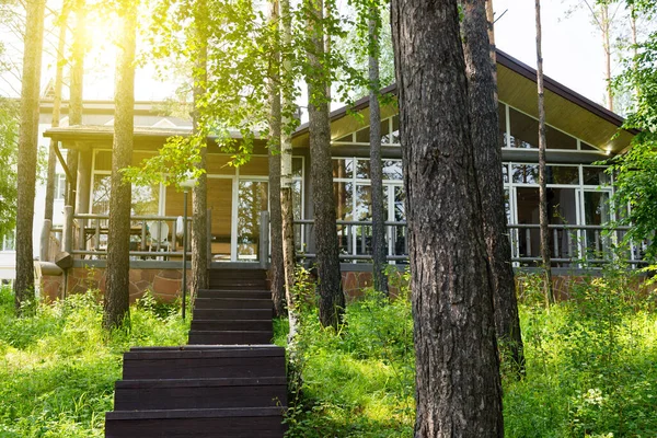 Ormanda güzel ahşap bir otele giden bir patika..