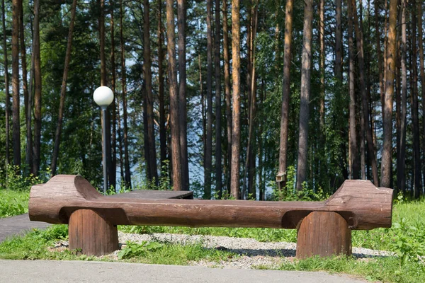 Grand Banc Bois Créatif Dans Parc Parmi Les Grands Sapins — Photo