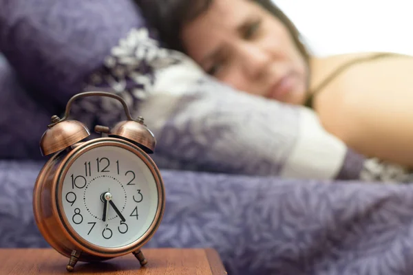 Sleeping Woman Opened Her Eyes Difficulty Looks Alarm Clock Pain — Stock Photo, Image