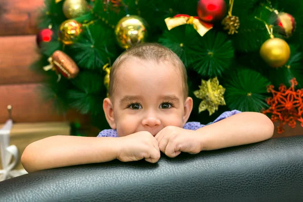 Retrato Menino Anos Fundo Uma Árvore Natal Decorada — Fotografia de Stock