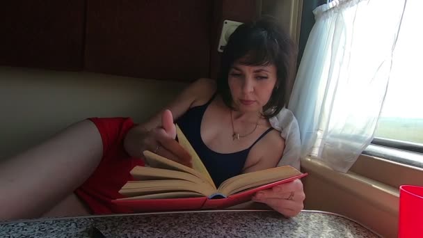 Сексуальная Брюнетка Читает Книгу Окна Поезда — стоковое видео