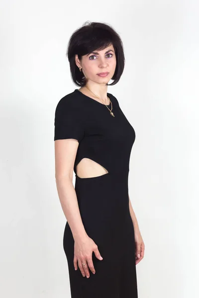 Slender Woman Years Old Tight Black Dress Cutout Waist White — Foto Stock