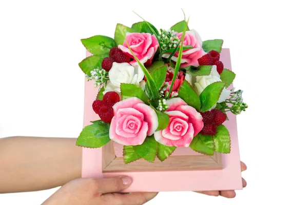 Bouquet Handmade Soap Form Roses Raspberries Wooden Creative Planter White — Stock Photo, Image