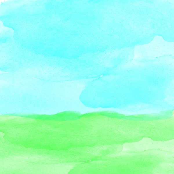 Green field and blue sky watercolor background — Stock Photo, Image