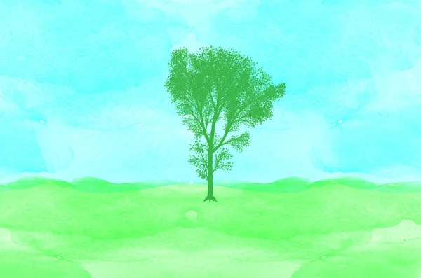 Árvore no campo verde e céu azul aquarela — Fotografia de Stock