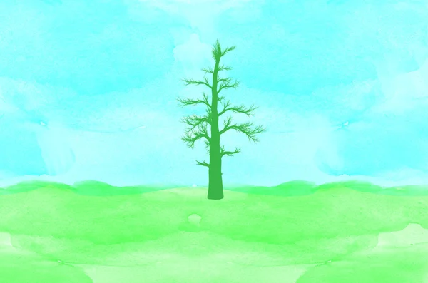 Strom na zelené louce a modrá obloha akvarel — Stock fotografie
