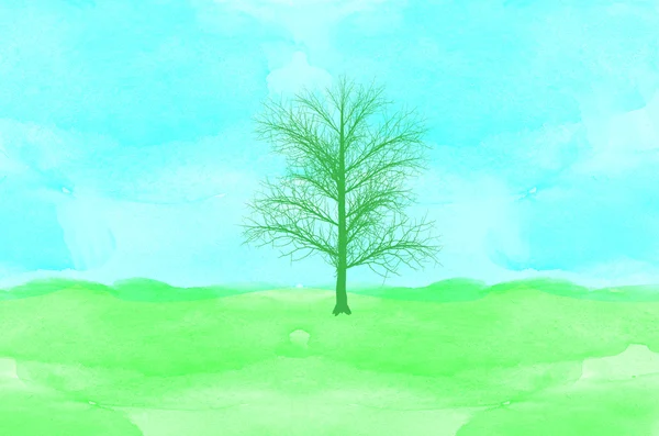 Árvore no campo verde e céu azul aquarela — Fotografia de Stock