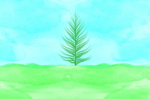 Tree on green field and blue sky watercolor — Stock Photo, Image