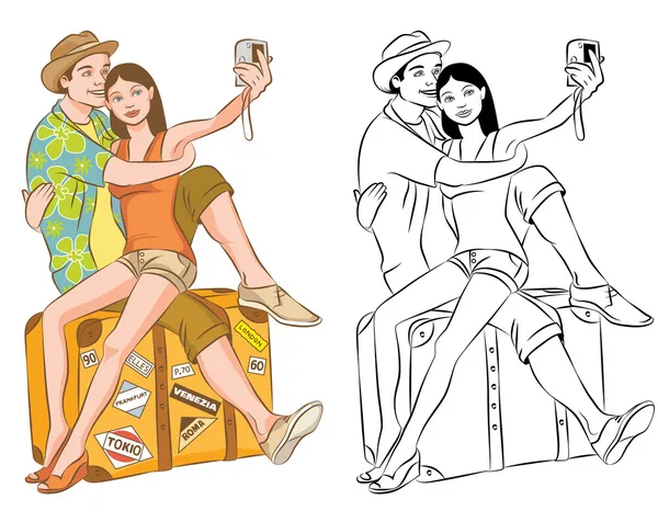 Toeristische paar nemen hun zelfportret vectorillustratie — Stockvector