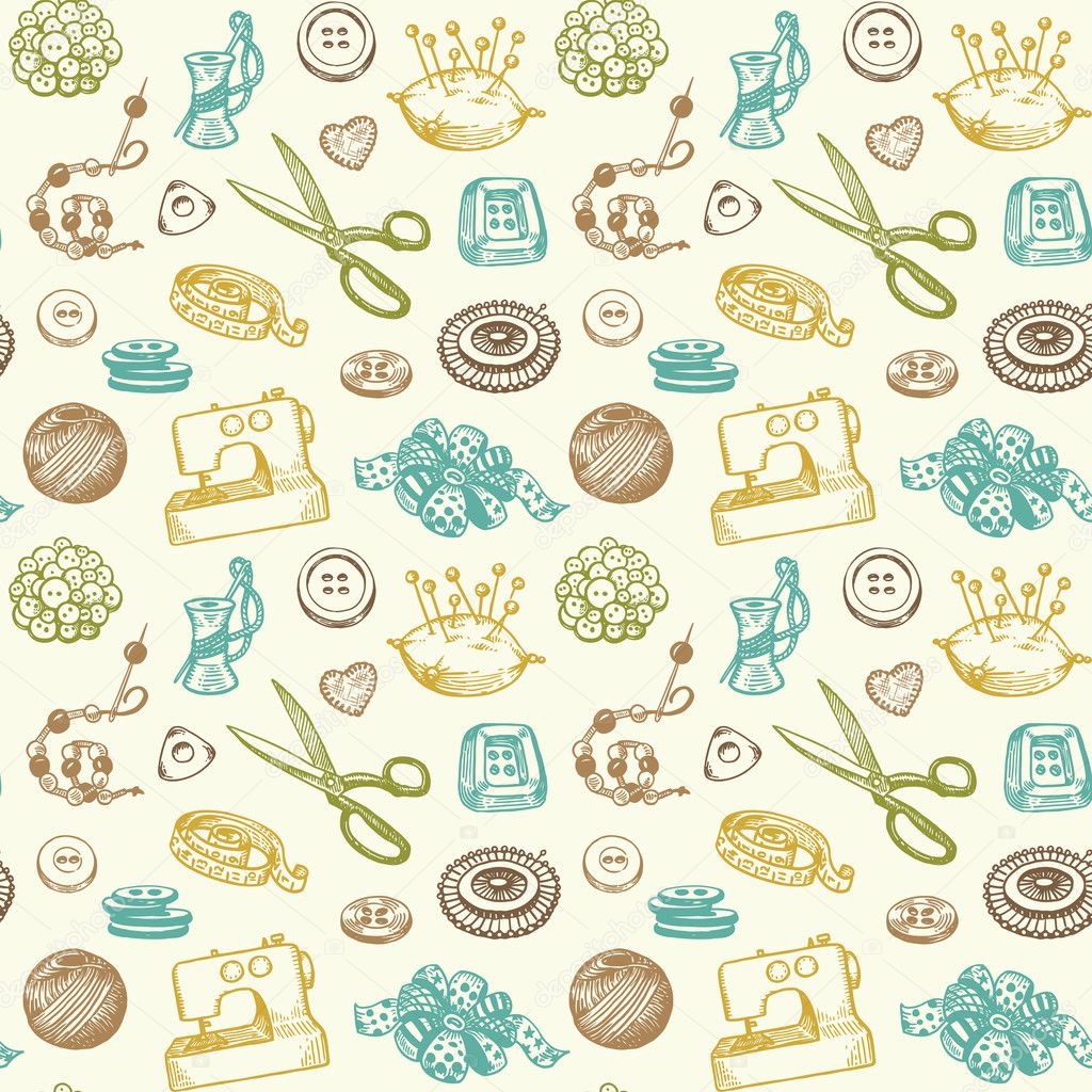 Sewing And Needlework Doodles Seamless Pattern Vector