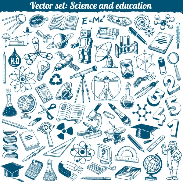 Scienza ed educazione Doodles Icone Set vettoriale — Vettoriale Stock