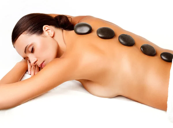 Stone Massage. Beautiful Woman Getting Spa Hot Stones Massage — Stock Photo, Image