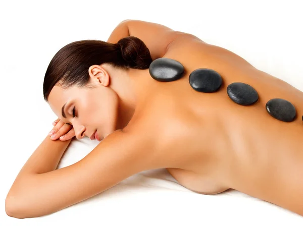 Stone Massage. Beautiful Woman Getting Spa Hot Stones Massage — Stock Photo, Image