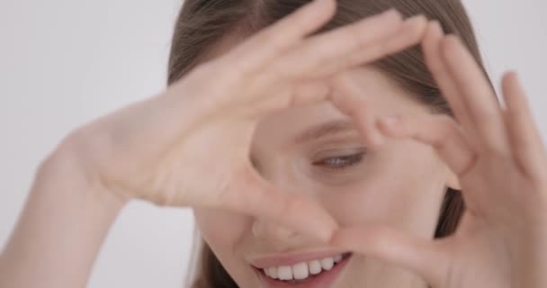 Healthy Eyes Vision Portrait Young Woman Making Heart Shape Gesture Royalty Free Stock Video