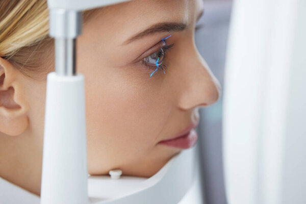 Eyesight Exam Woman Checking Eye Vision Optometry Equipment Close Portrait Stock Picture