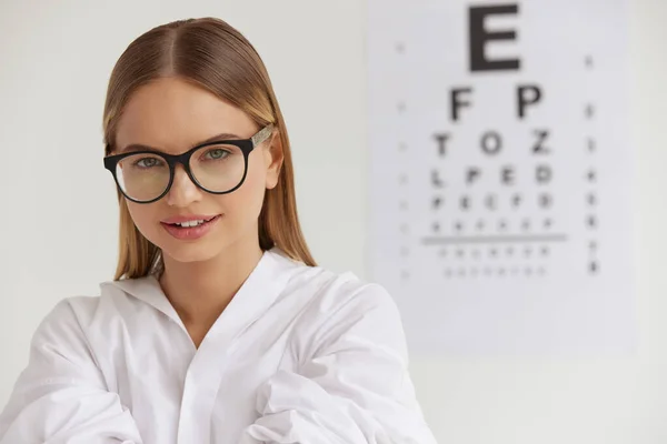 Optometry Vision Smiling Girl Ophthalmologist Office Cheerful Woman Wearing Glasses — Stock Photo, Image