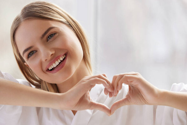 Heart Hands Happy Woman Showing Love Sign Hands Beautiful Smiling Stock Image