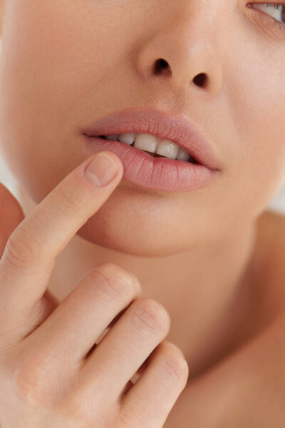 Lips Skin Care Close Sensual Young Woman Holding Finger Her Stock Picture