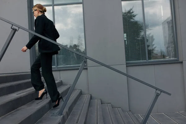 Woman Going Work Walking Upstairs Side View Beautiful Confident Female — стоковое фото