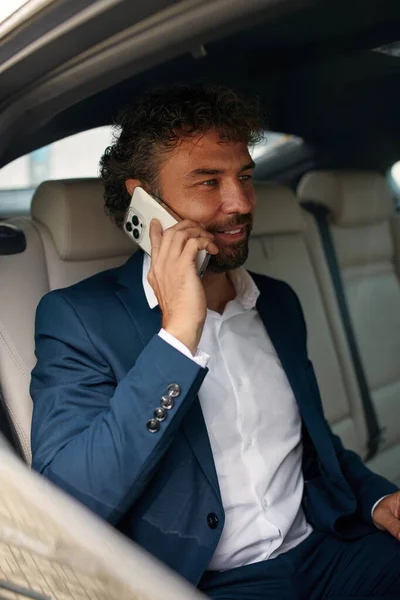 Young Businessman Calling Smartphone Car Back Seat Pensive Man Taxi — Zdjęcie stockowe