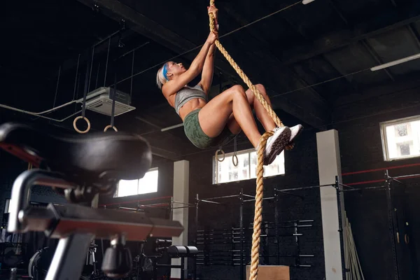Fit Sports Gym Beautiful Muscular Woman Doing Exercise Climbs Rope — Foto de Stock