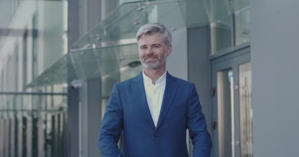 Retrato Del Hombre Negocios Adulto Sonriendo Cruzando Los Brazos Mientras — Vídeos de Stock