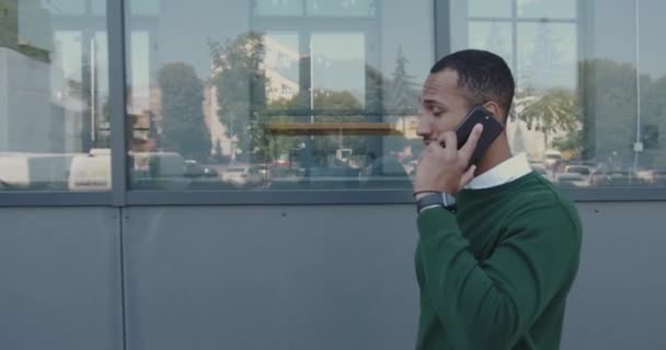 Affärsperson Hålla Smartphone Rasten Affärsman Talar Mobile Walking Gatan Multiracial — Stockvideo