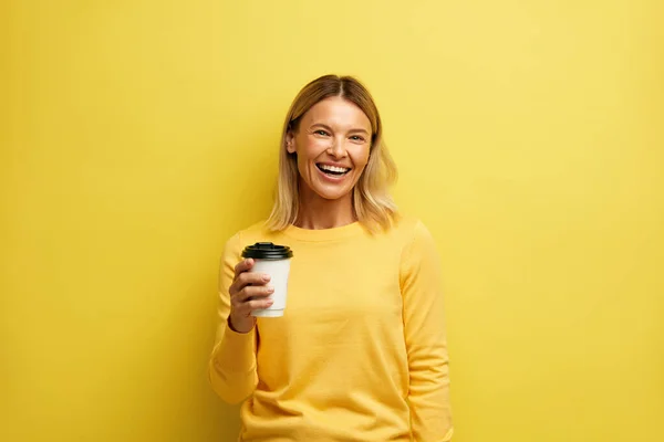 Happy Woman Holding Coffee Portrait Friendly Young Adult Woman Offering — Stock Photo, Image