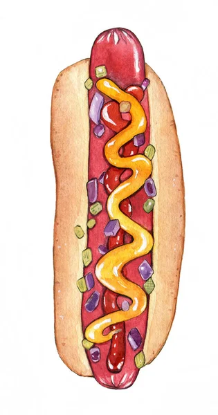 Hotdog Peint Main Avec Moutarde Ketchup — Photo