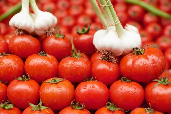 Zralá rajčata a česnek na prodej — Stock fotografie