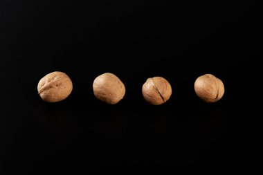Four whole walnuts in the shell laid out in a row on a black background