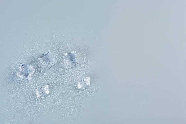 Ice cubes on a gray background in water droplets, free space — Stock fotografie