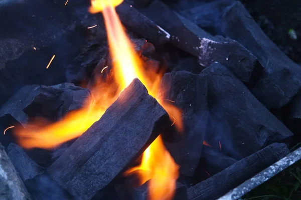 Eld Stockar Eldgryta Med Glöd Och Brinnande Kol Brasa Med — Stockfoto