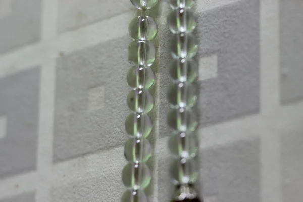 Macro Photograph Selective Focus Glass Shiny Prayer Beads Rosary Copy — Stock Photo, Image