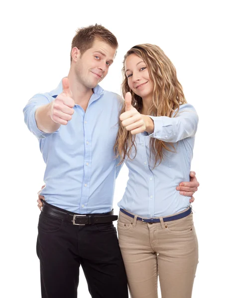 Happy couple showing thumbs up — Stock Photo, Image