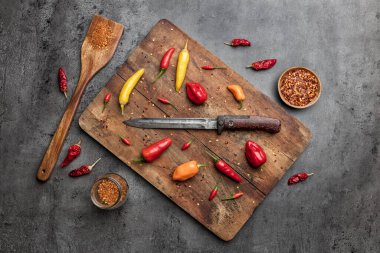 Kırsal arka planda taze ve kurutulmuş kırmızı biber çeşitleri