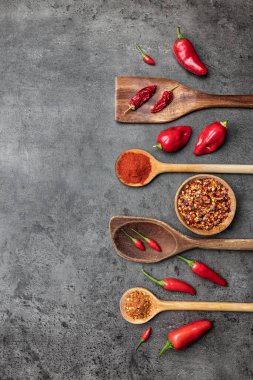 Kırsal arka planda taze ve kurutulmuş kırmızı biber çeşitleri