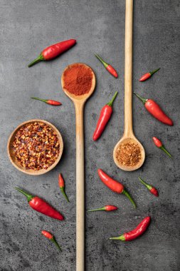 Kırsal arka planda taze ve kurutulmuş kırmızı biber çeşitleri