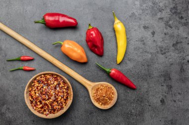 Kırsal arka planda taze ve kurutulmuş kırmızı biber çeşitleri