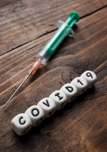 Corona Vírus Covid Vakcina Szöveg Fából Készült Háttérrel — Stock Fotó