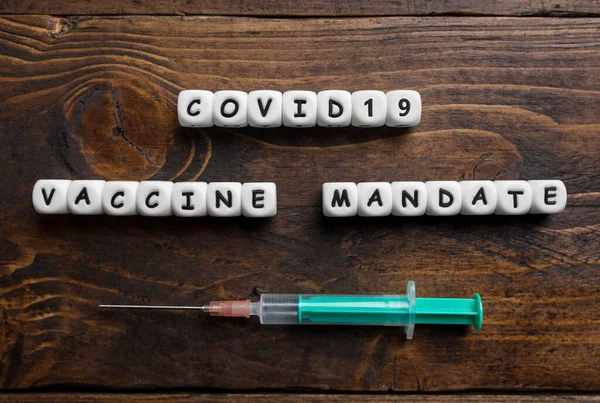 Corona Vírus Covid Vakcina Szöveg Fából Készült Háttérrel — Stock Fotó