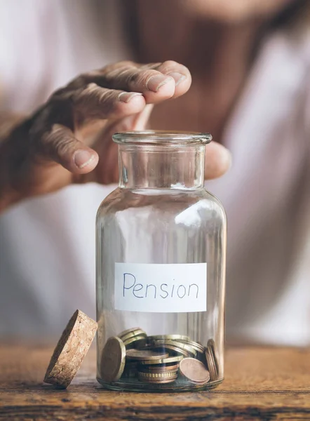 Elderly Retired Woman Her Savings Jar — Zdjęcie stockowe