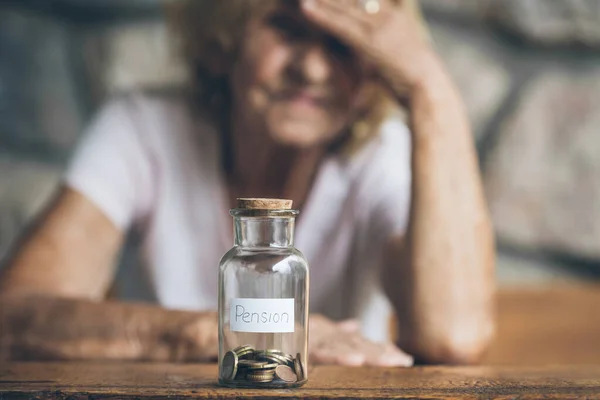 Elderly Retired Woman Her Savings Jar — Foto de Stock