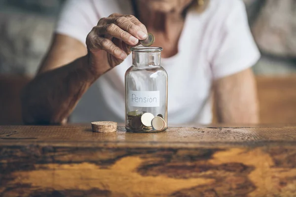 Elderly Retired Woman Her Savings Jar — Foto de Stock