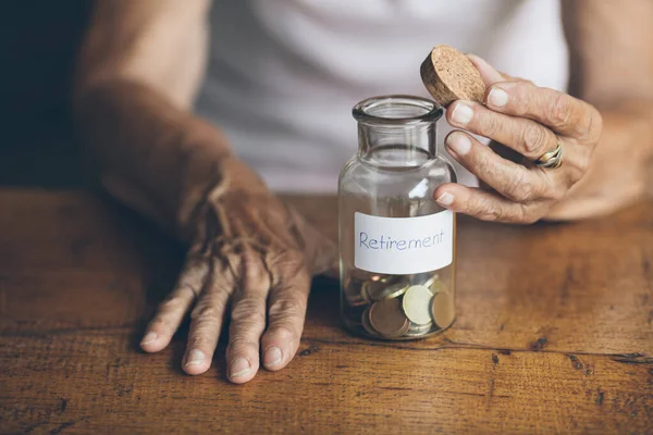 Elderly Retired Woman Her Savings Jar — Foto de Stock