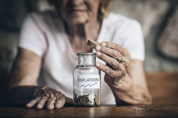 Elderly Retired Woman Her Savings Jar — Foto de Stock