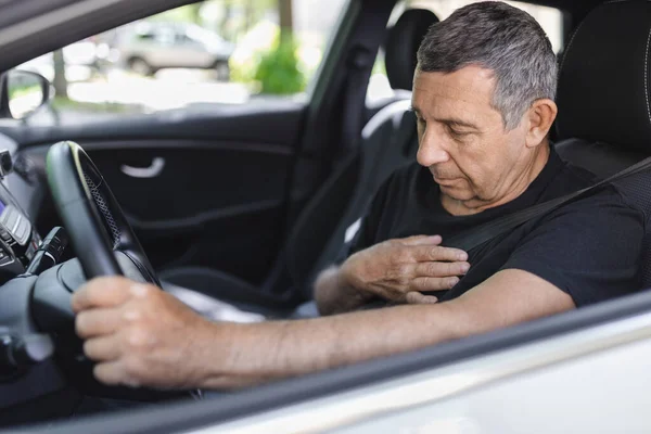 Senior His 70S Steering Wheel Chest Pain — Stock Photo, Image