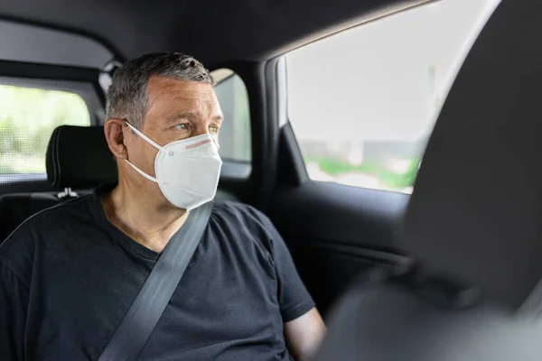 Senior His 70S Sitting Back Car Wearing Face Mask Protection — Fotografia de Stock