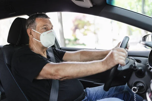 Senior His 70S Driving Car Wearing Face Mask Protection Corona — Fotografia de Stock